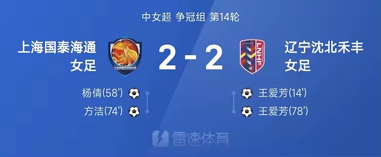 中女超战报王爱芳梅开二度上海国泰海通女足战平辽宁沈北禾丰女足