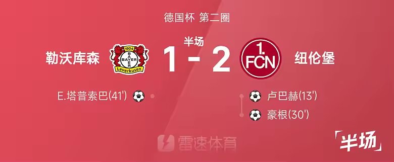 德国杯半场卢巴赫豪根破门勒沃库森1比2纽伦堡