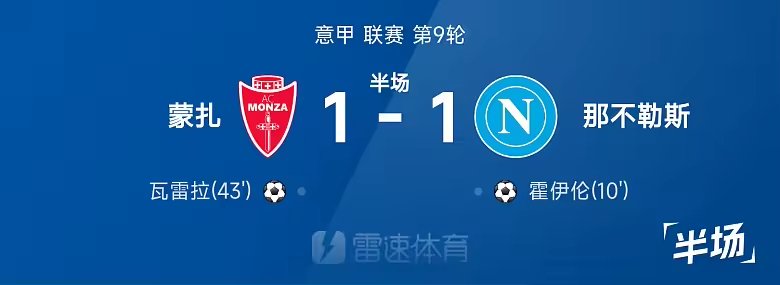 意甲半场霍伊伦破门瓦雷拉扳平蒙扎1比1那不勒斯